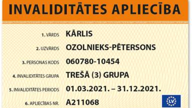 Invaliditātes apliecības paraugs
