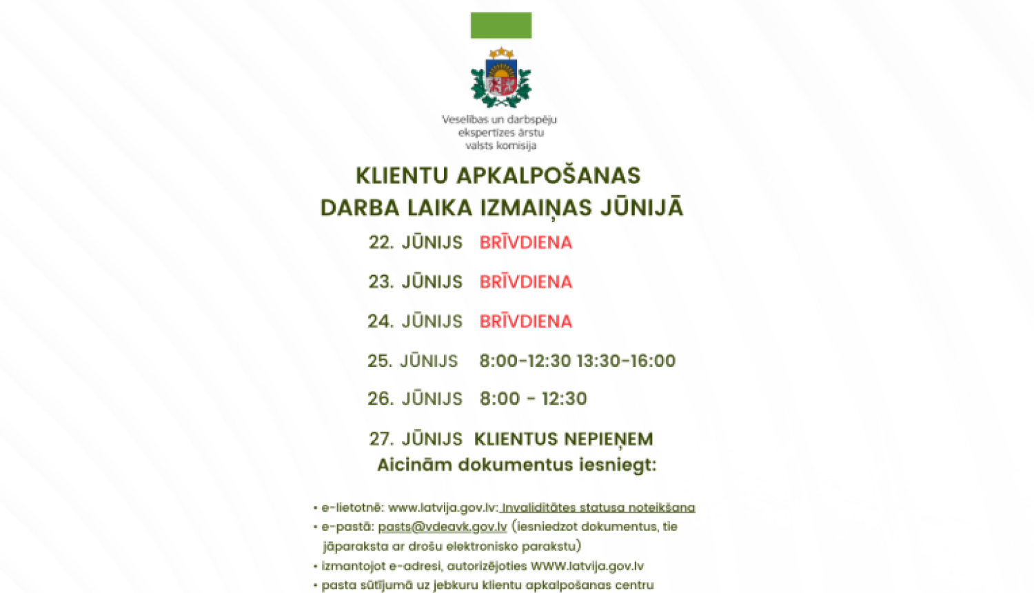 ģērbonis, informācija par darba laika izmaiņām
