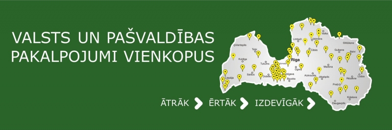 Latvijas karte ar atzīmēm, kur atrodas Valsts un pašvaldības vienotais klientu apkalpošanas centri