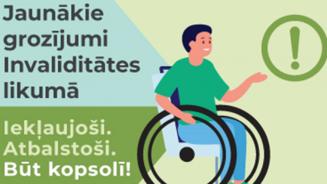 Puiša tēls sēža riteņkrēslā un rāda ar roku uz izsaukuma zīmi