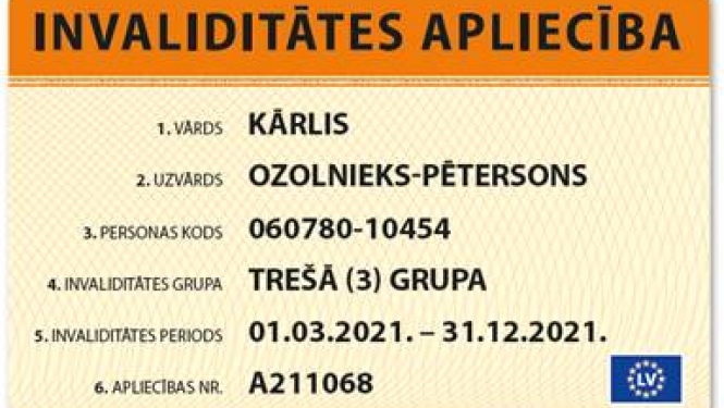 Invaliditātes apliecības paraugs