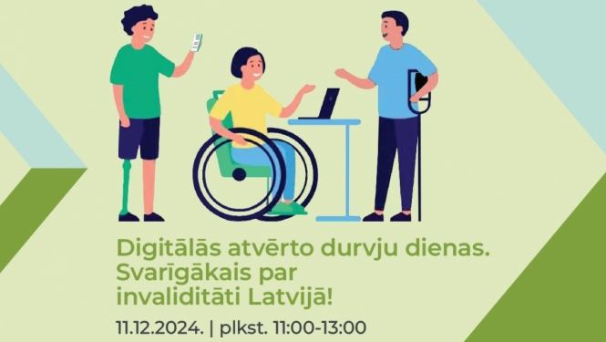Cilvēks sēž ratiņkrēslā, 2 cilvēki stāv blakus un informācija par pasākumu, zili, zaļi dzeltenas krāsas