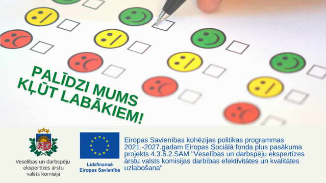 Novērtēšanas anketa ar sarkanu bēdīgu sejiņu, dzeltenu neitrālu sejiņu, zaļu smaidīgu sajiņa. Persona ar pildspavu vēlas atlikt ķeksīti pie zaļās smaidīgas sejiņas.