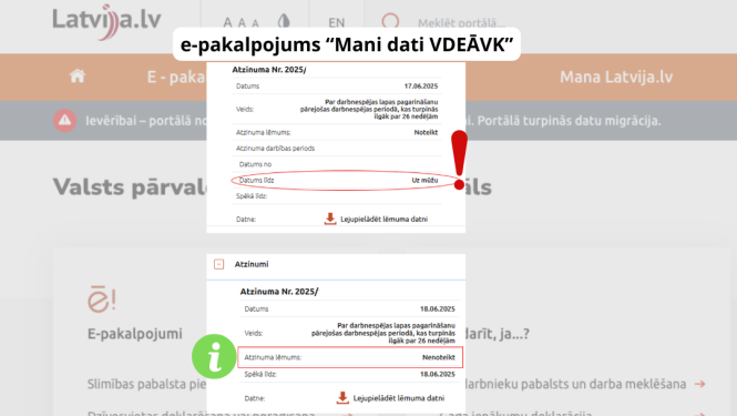 ekrānuzņēmumi no e-pakalpojuma, izsaukuma zīme, zaļš informācijas burts