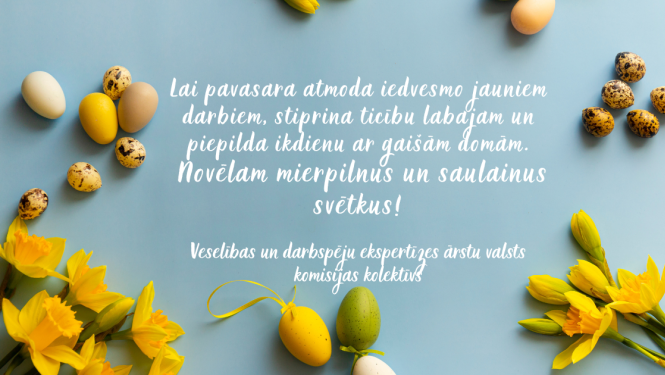 Apsveikuma teksts aprakstā, ziedi narcices, olas krāsotas, saulaina noskaņa