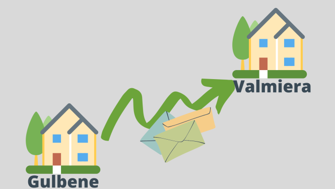 Divas zīmētas mājiņas, kuras savieno bulta un pie tās vēstuļu kaudzīte