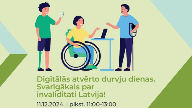 Cilvēks sēž ratiņkrēslā, 2 cilvēki stāv blakus un informācija par pasākumu, zili, zaļi dzeltenas krāsas