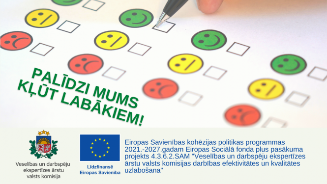 Novērtēšanas anketa ar sarkanu bēdīgu sejiņu, dzeltenu neitrālu sejiņu, zaļu smaidīgu sajiņa. Persona ar pildspavu vēlas atlikt ķeksīti pie zaļās smaidīgas sejiņas.