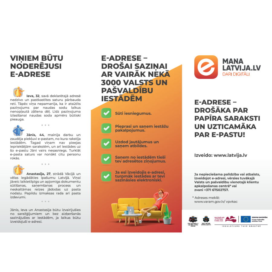 dīvāns dzeltens, sēž cilvēks ar rokām aiz galvas, atpūšas, kaktuss pie dīvāna, galdiņš uz kura stāv dators, e-adreses simbols, informācija, cilvēciņi