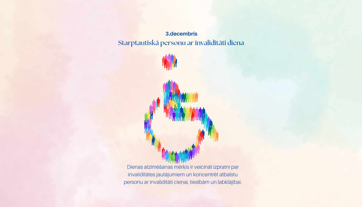 cilvēks ratiņkrēslā, kas izveidots no daudziem cilvēciņu siluetiem, krāsains