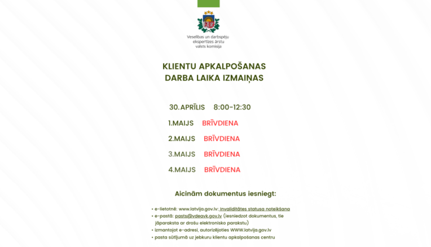 ģērbonis, informācija par darba laika izmaiņām