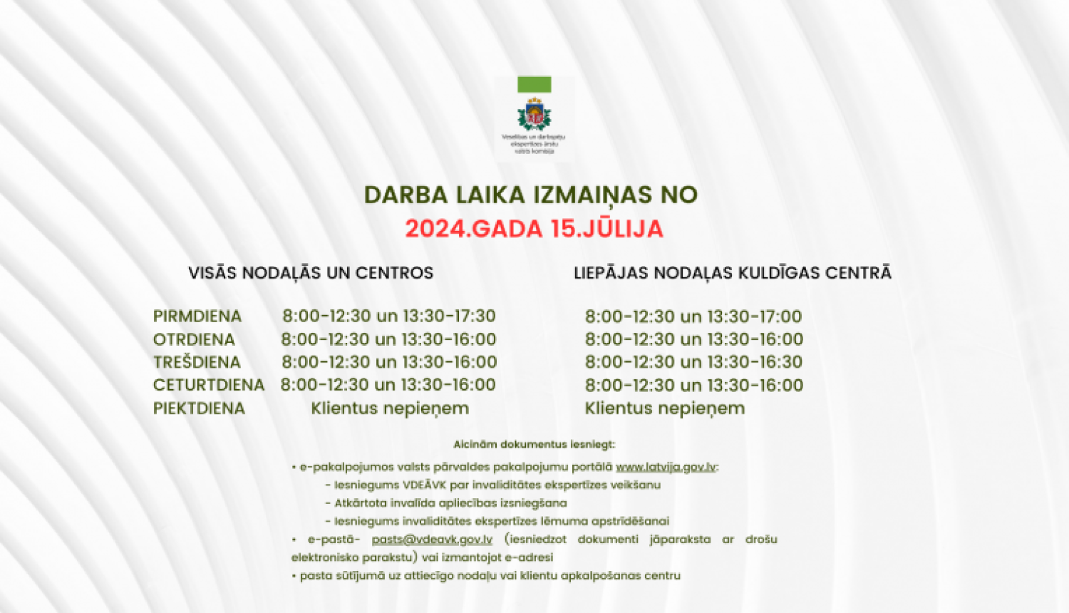 ģērbonis, informācija par darba laika izmaiņām