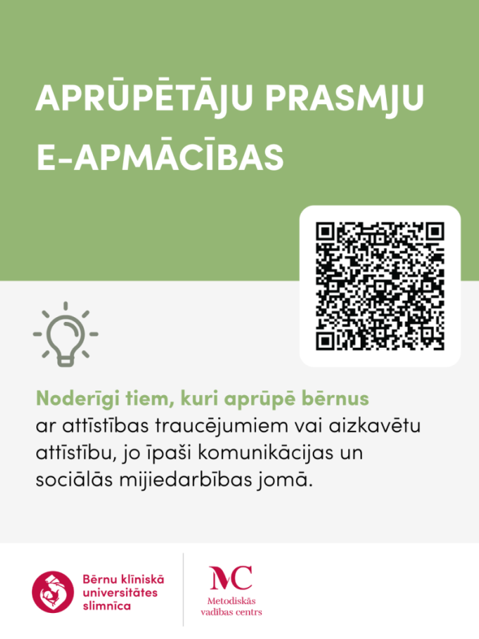 QR kods, Bērnu slimnīcas logo, lampiņa, teksts par apmācībām