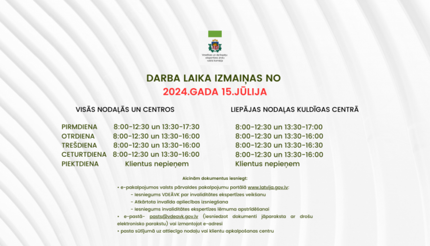 ģērbonis, informācija par darba laika izmaiņām