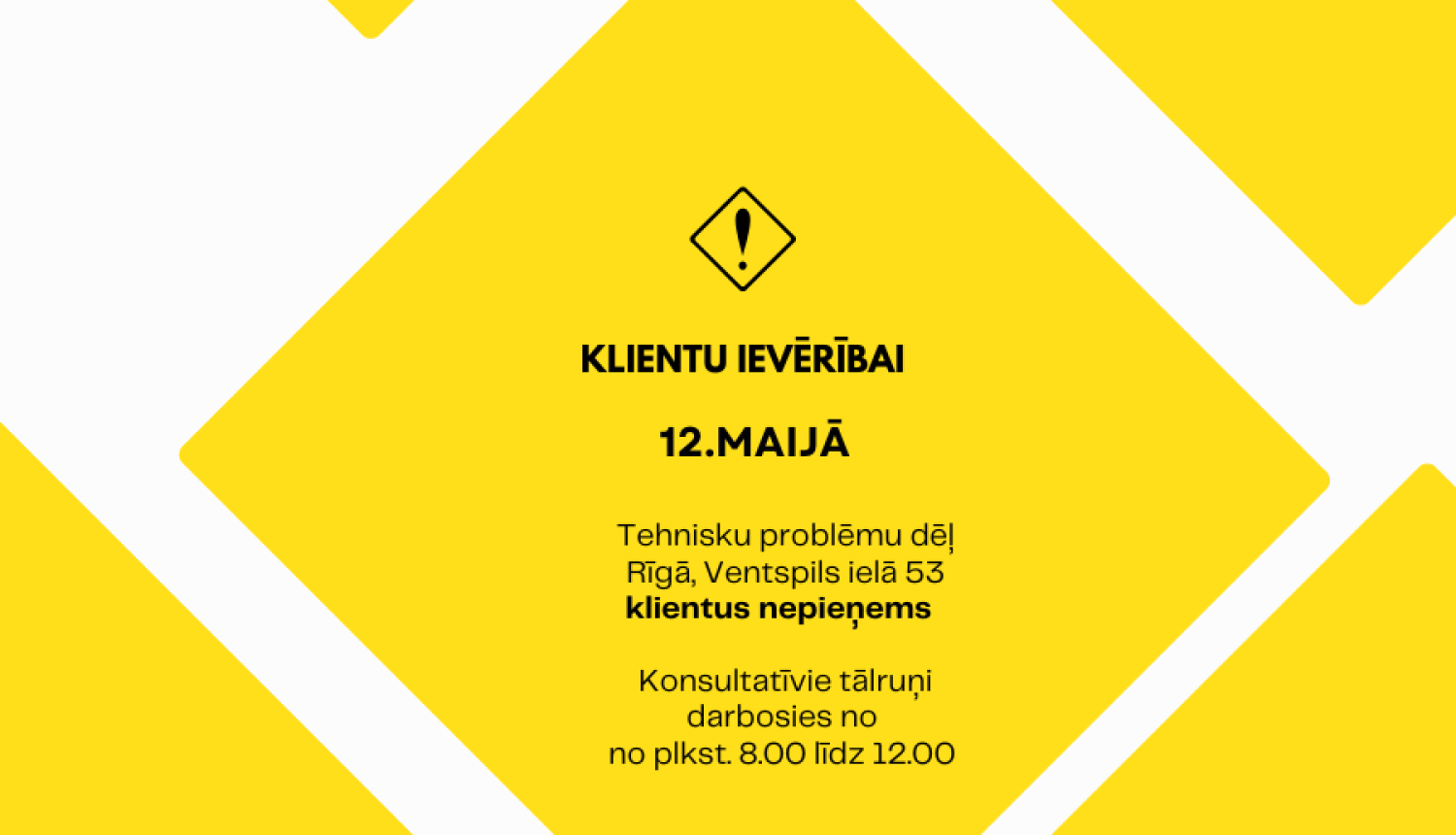 dzeltens fons ar rombiem, izsaukuma zīme un teksts par klientu apkalpošanu